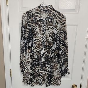 Riley & Rae Black and Brown Graphic Blouse with Notched Collar